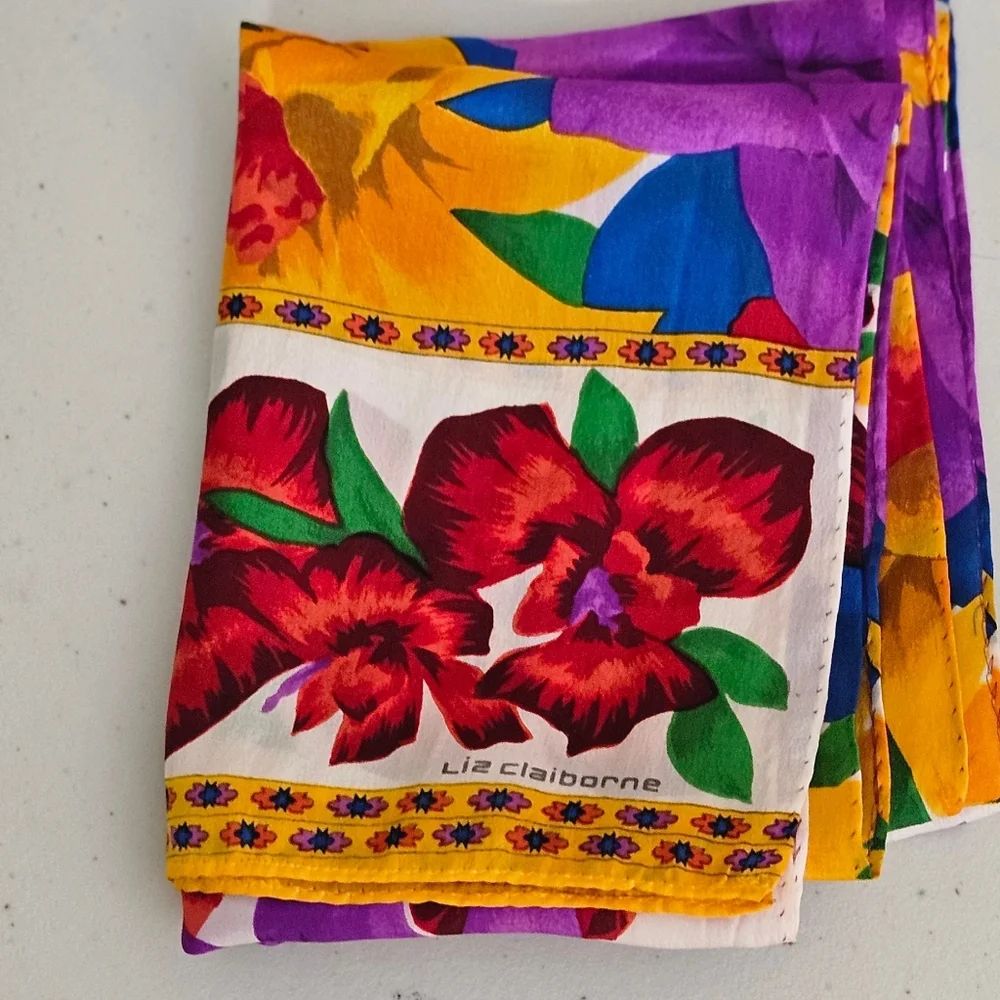 Vintage Liz Claiborne Colorful Floral Print Silk Rectangular Long Scarf